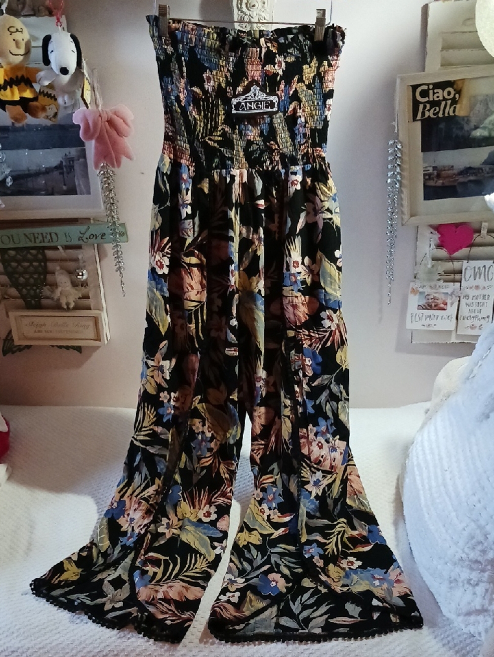 Stunning! ANGIE ⚜️Black Vintage Floral Print Smocked Open Wide-Leg Jumpsuit L